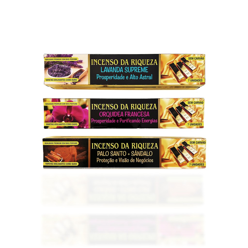 Kit Aromático Espiritual Riqueza 3 Aromas S/ Carvão Varetas Douradas ou Prata Prosperidade Proteção