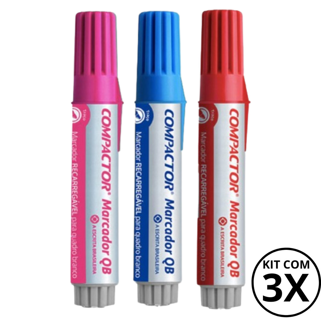 Kit com 3 Marcadores Para Quadro Branco - COMPACTOR COR:ROSA + AZUL + VERMELHO