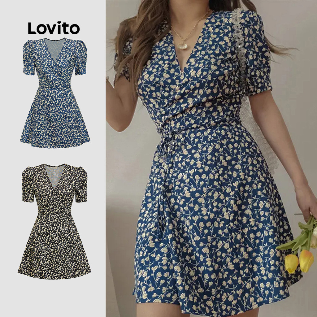 (Hot) Lovito Casual Vestido Envelope Floral para Mulheres L80ED279 em Oferta na Shopee