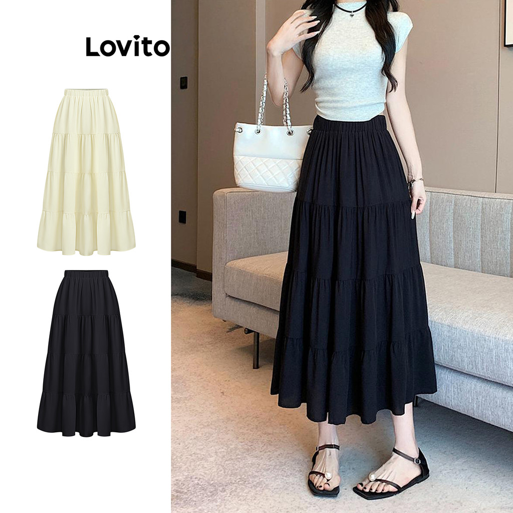 (Hot) Lovito Saias Casuais Com Estrutura Lisa E Saias Drapeadas Para Mulheres LNE59445 (Multicolorido)