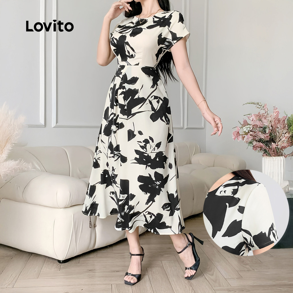 Lovito Vestido Elegante com Flores e Zíper Toque Suave Vestido de Primavera/verão para Mulheres L137LD090 - Women Clothes