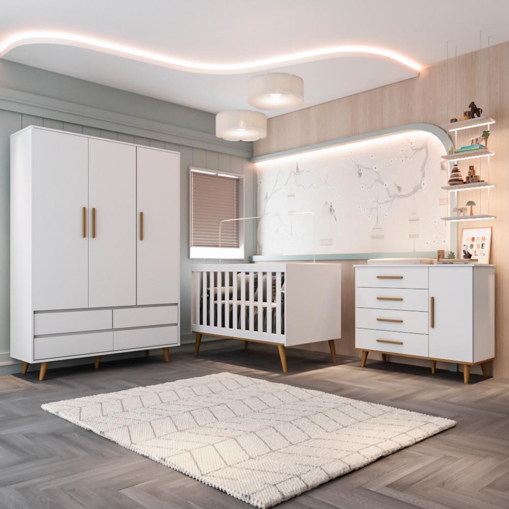 Quarto Bebê Retrô Completo Berço Americano 3Em1 Cômoda Infantil Guarda Roupa 3 Portas 100% MDF em Oferta na Shopee