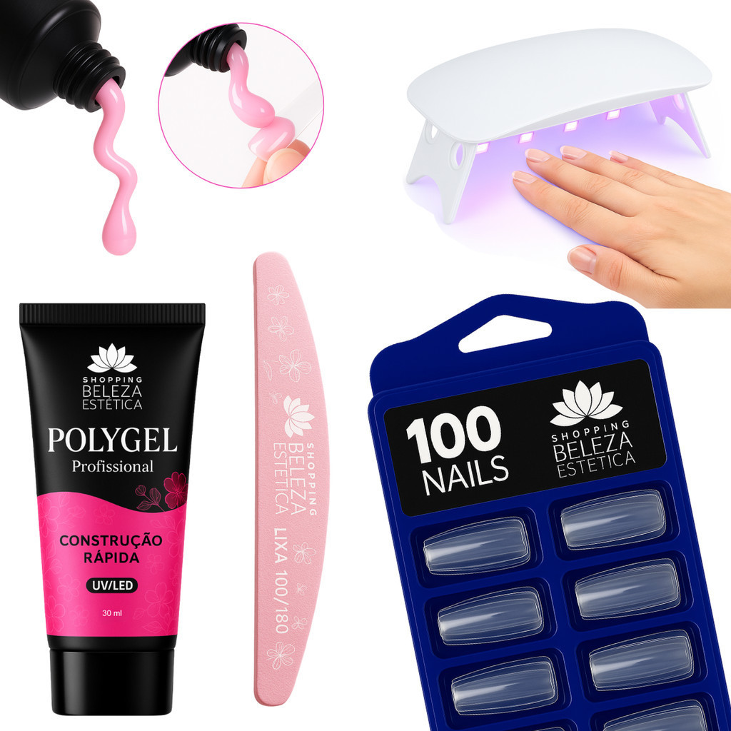 Kit Polygel Unhas Profissional – Tips Postiças + Lixa + Mini Cabine UV/LED – Nail Designer Completo