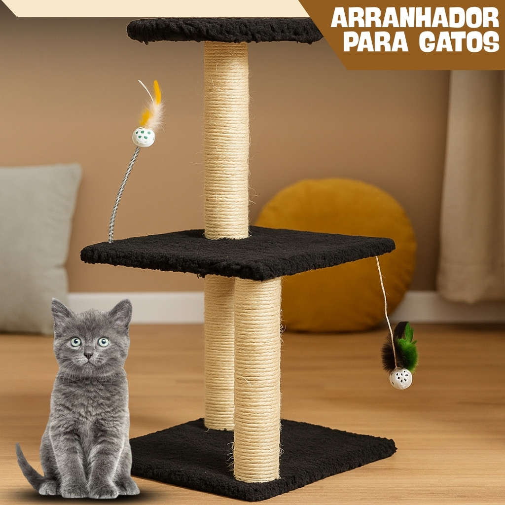 Arranhador para Gatos Três Níveis com Sisal Natural e Plataforma