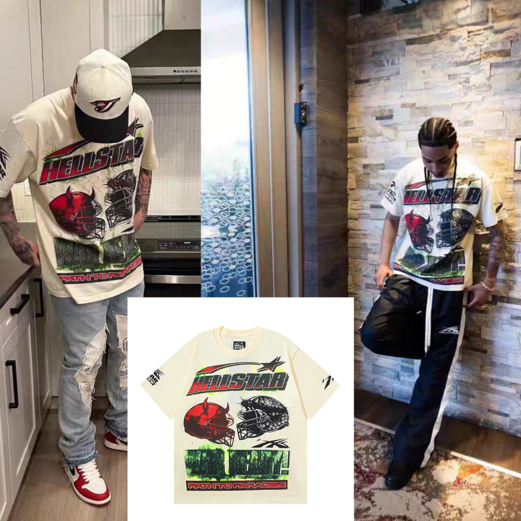 Hellstar American Street Wear Street Manga Curta Lavagem Retro Hiphop RAP Camiseta Unissex