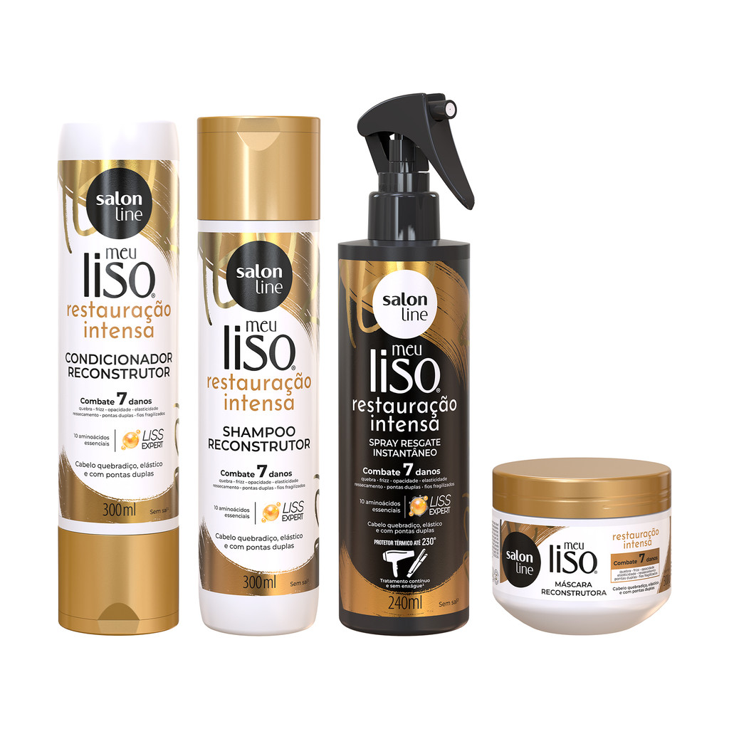 Kit com Shampoo, Condicionador, Máscara e Spray Meu Liso Restauração Intensa em Oferta na Shopee