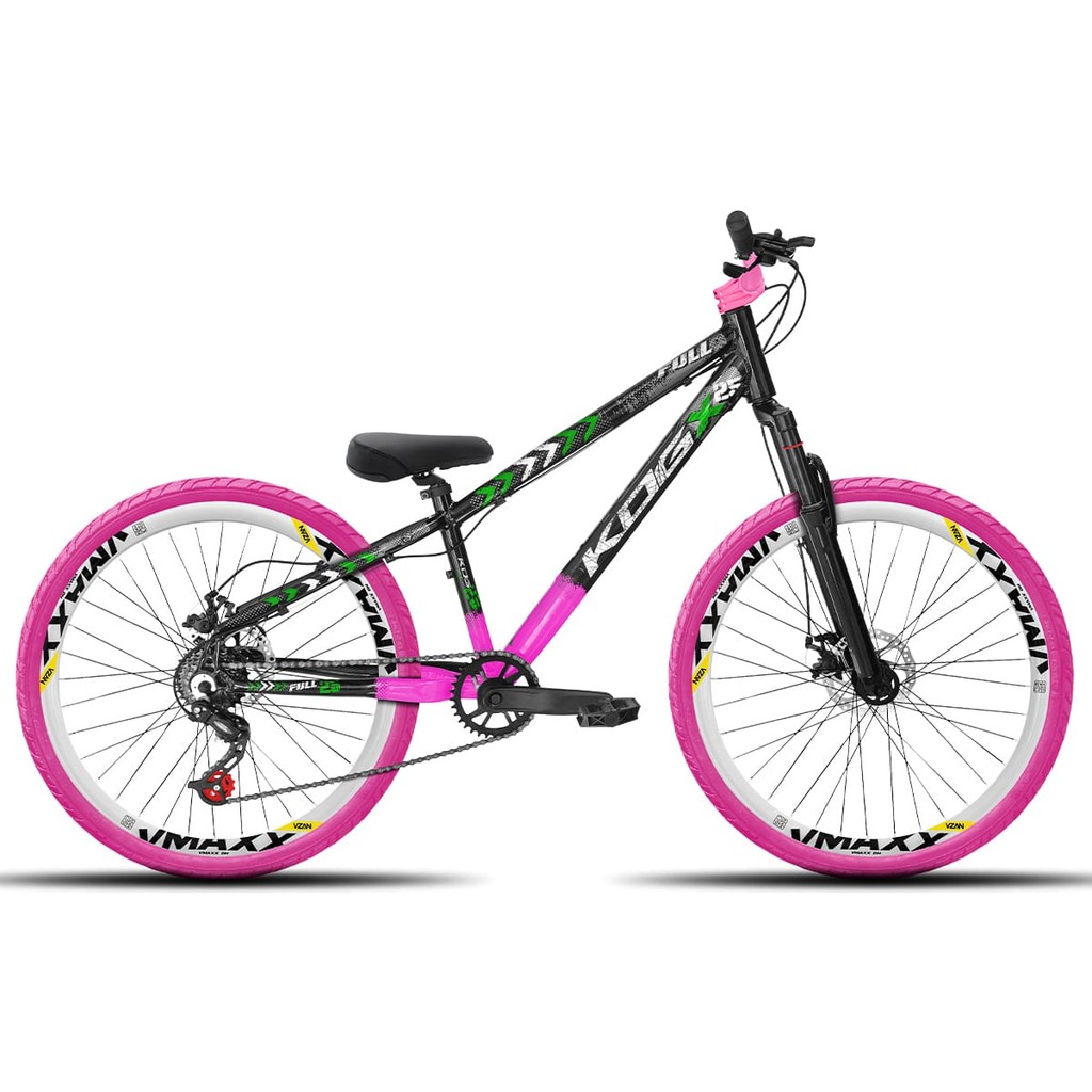 Bicicleta aro 26 KOG Freeride 1x7 Preto Rosa e Verde Vmaxx Branco - Pneus Rosa - Mesa Curta Rosa - Guidão Rosa