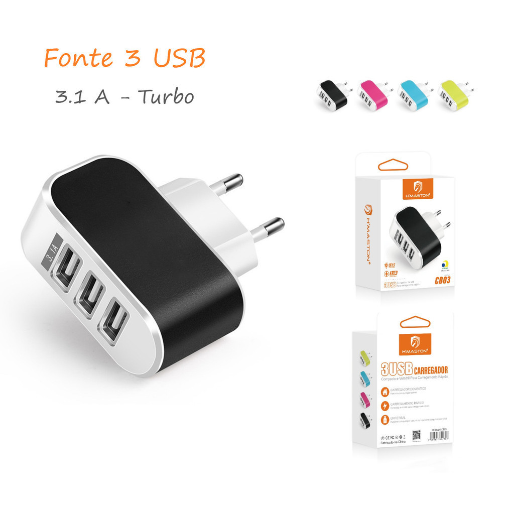 Fonte Carregador Turbo 3 USB 3.1A Original 3 Entradas Fonte USB Rápido LED CB03 FU em Oferta na Shopee