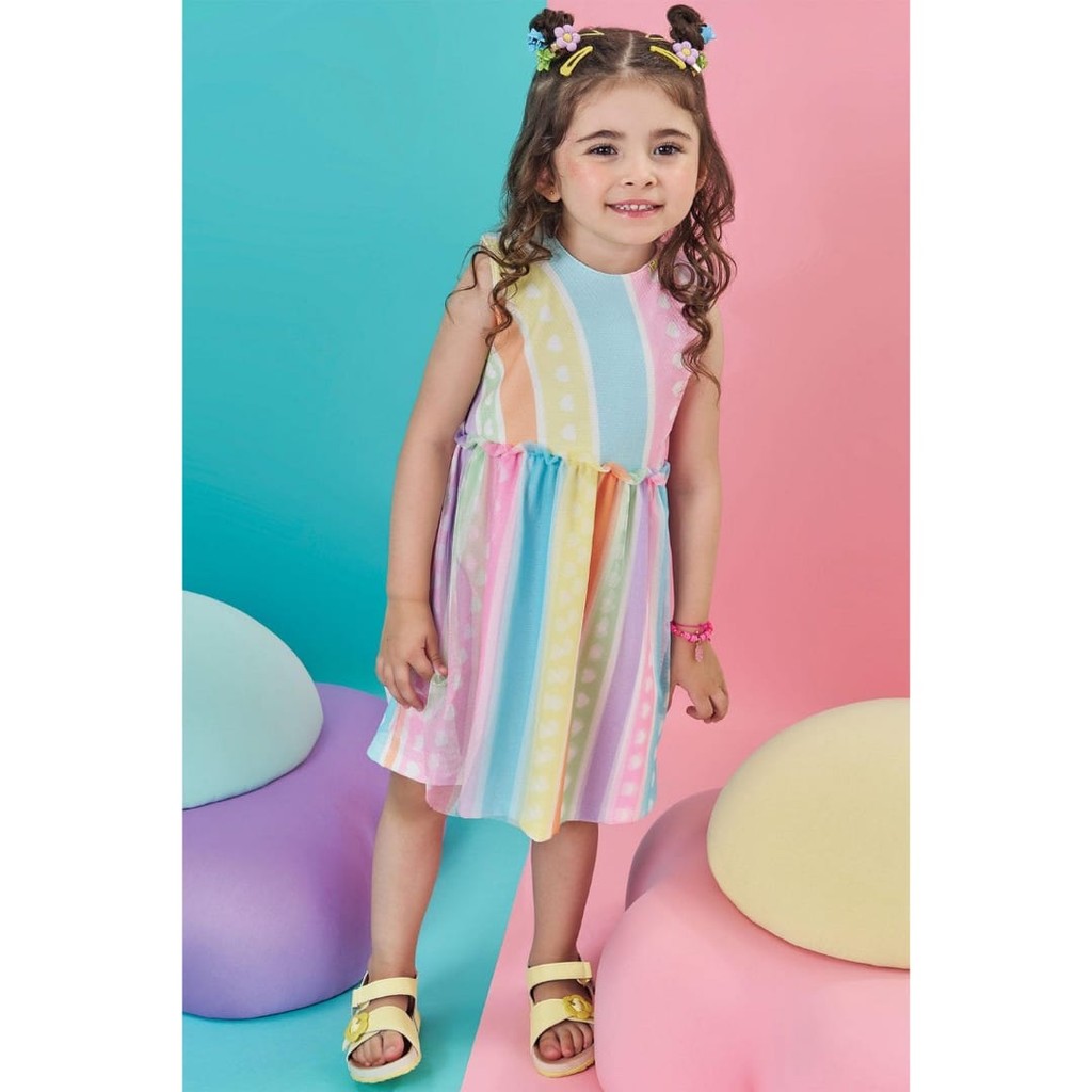 Vestido Bebê Menina em Malha Favo e Tule com Elastano  Kukiê