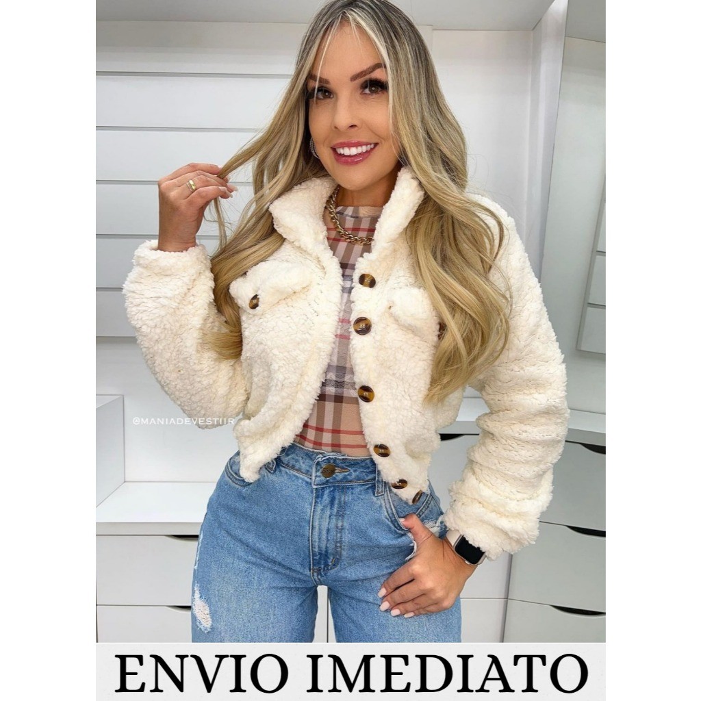 Casaco Teddy Curto Cropped Pelinho Jaqueta Blusa de Frio Feminina Felpudo Ted Tedy Casaquinho
