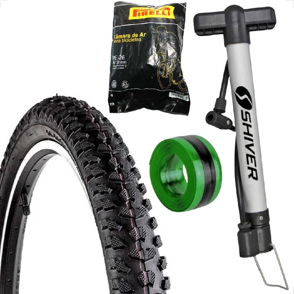 Pneu bicicleta Levorin Excess aro 26 x 1.95 Cravudo banda leve + Camara Pirelli + Bomba + fita