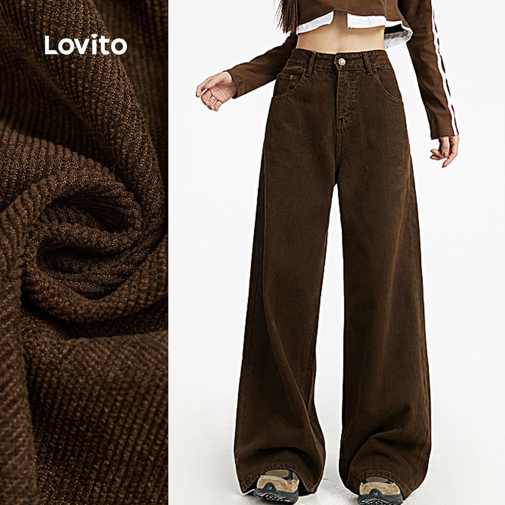 Lovito Calças Casuais com Zíper e Bolso Primavera/verão  Calças Marrom para Mulheres LBL26273