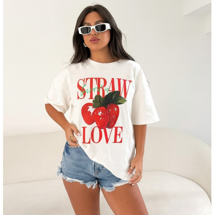 T shirt Blusa Feminina Oversized Estampa Morango do Amor 100% Algodão em Oferta na Shopee