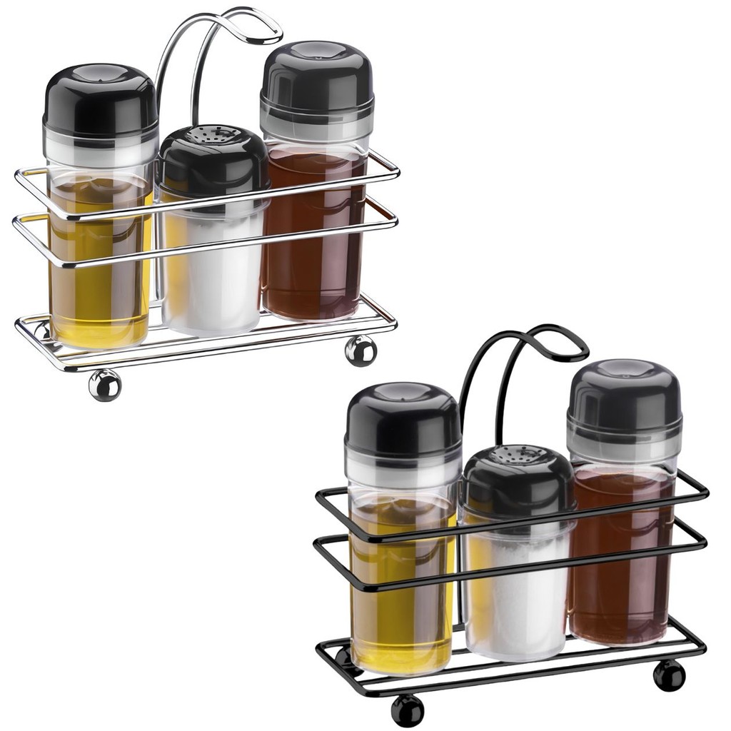 Porta-Condimentos Galheteiro C/ 3 Potes P/ Sal Vinagre Azeite Mesa Cozinha Utensílio Organizador Suporte Temperos