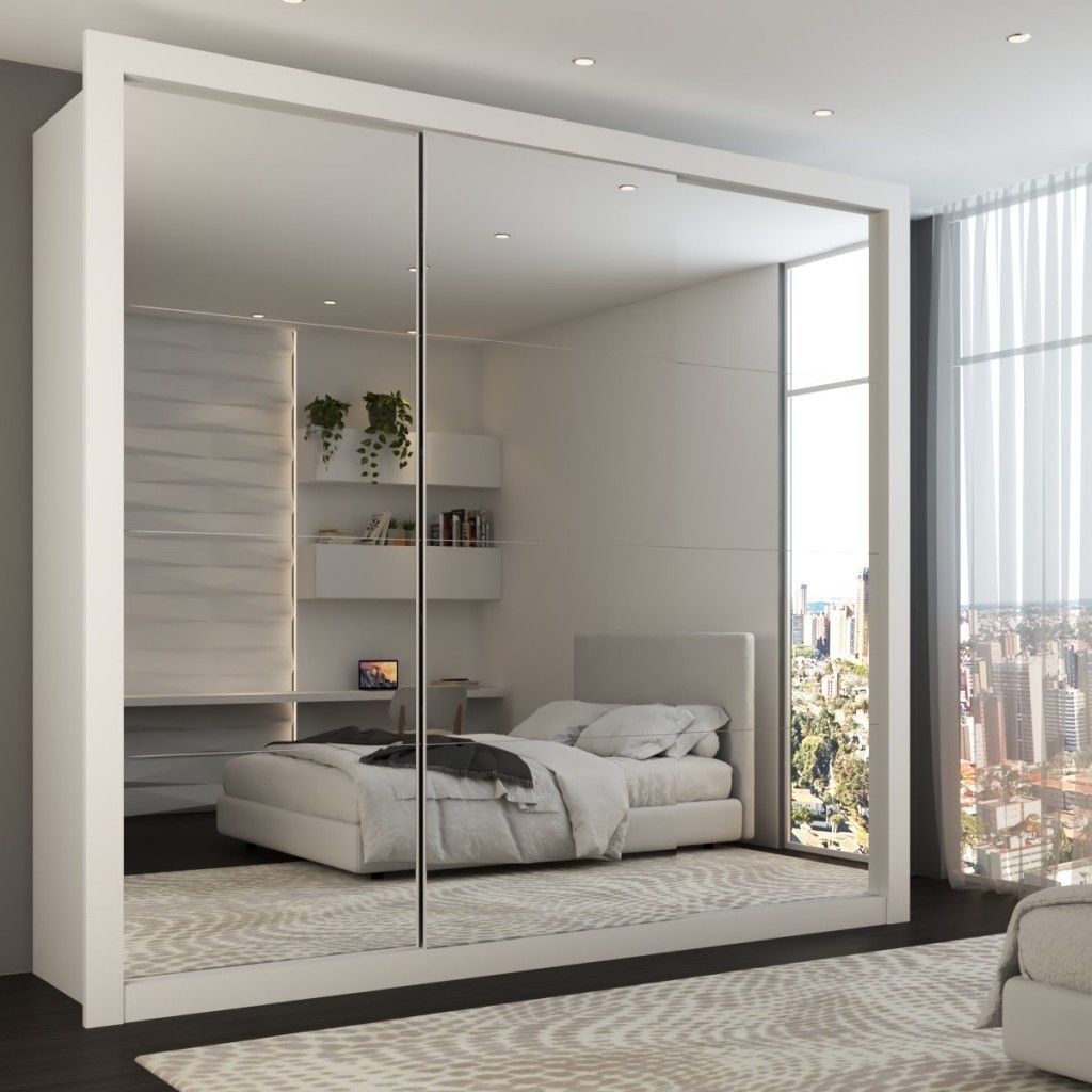 Guarda-Roupa Casal Luiza 3 Portas de Correr 4 Gavetas Espelhado Branco - Pm