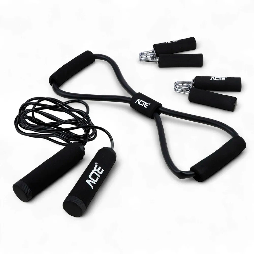 Kit Treino Funcional Fitness Exercício Portátil 3 em 1 Corda + Extensor + Hand Grip + Bolsa - Acte