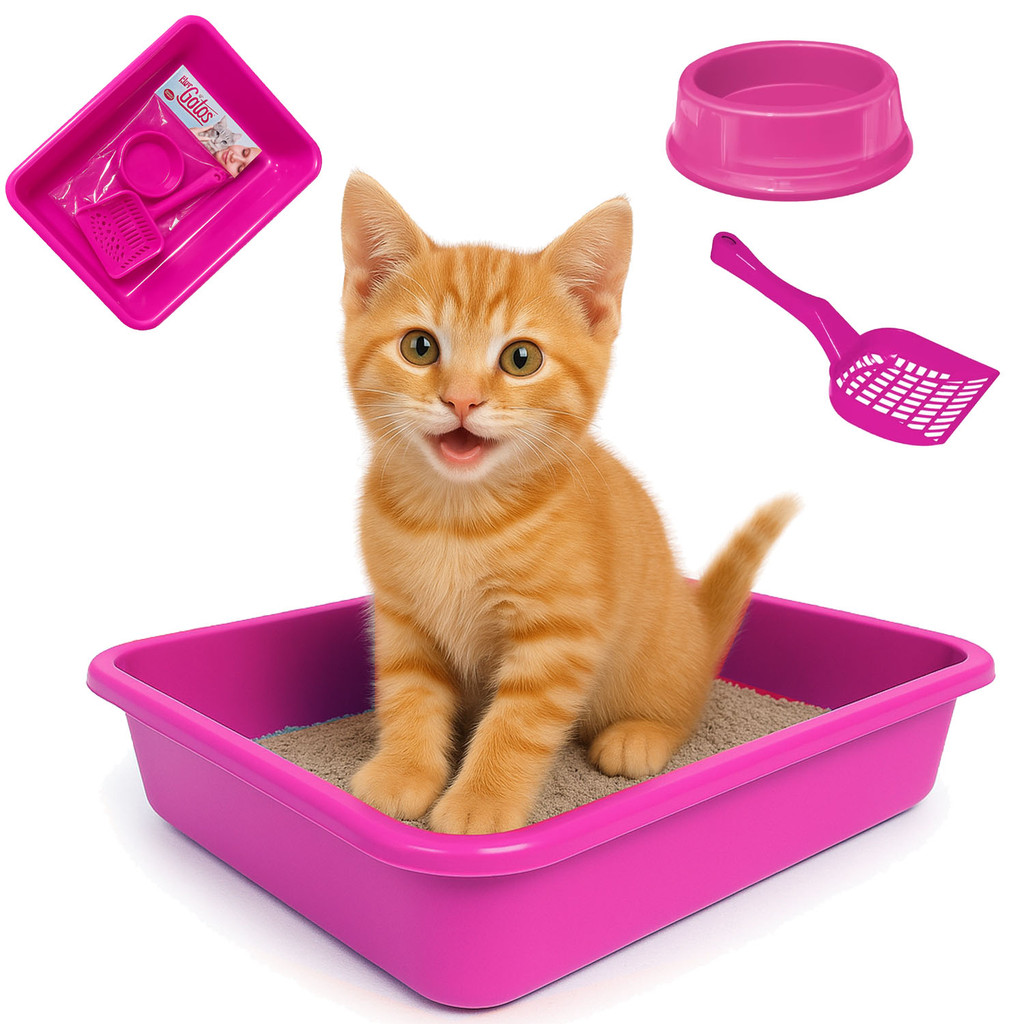 Kit Gato Joy Bandeja Pa Higienica Comedouro Caixa Areia Rosa