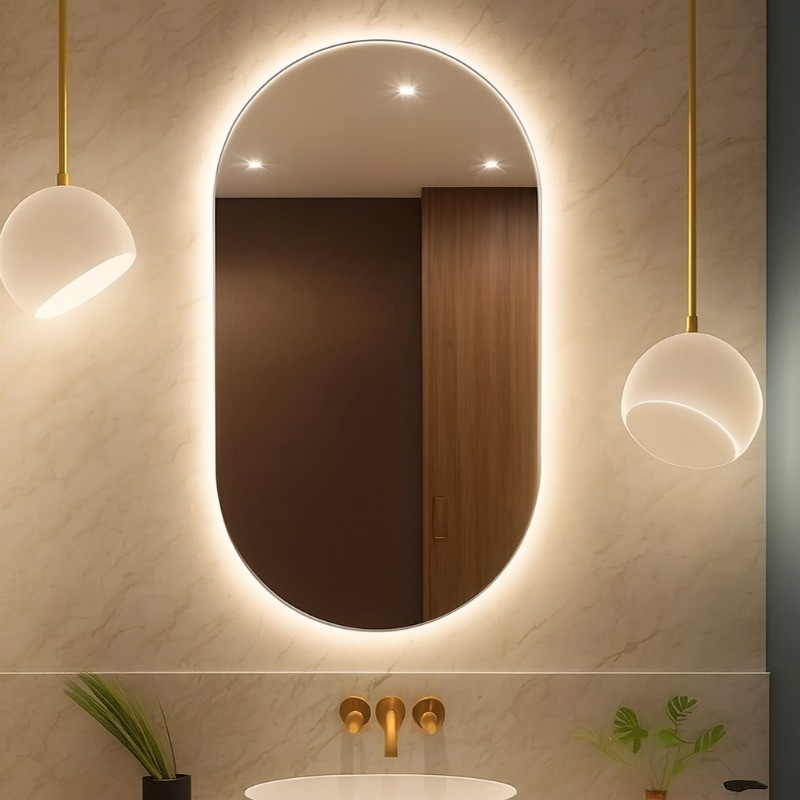 Espelho Grande De Parede Oval Com Led Orgânico Banheiro Sala Quarto Luz Quente E Fria + Kit de Instalação