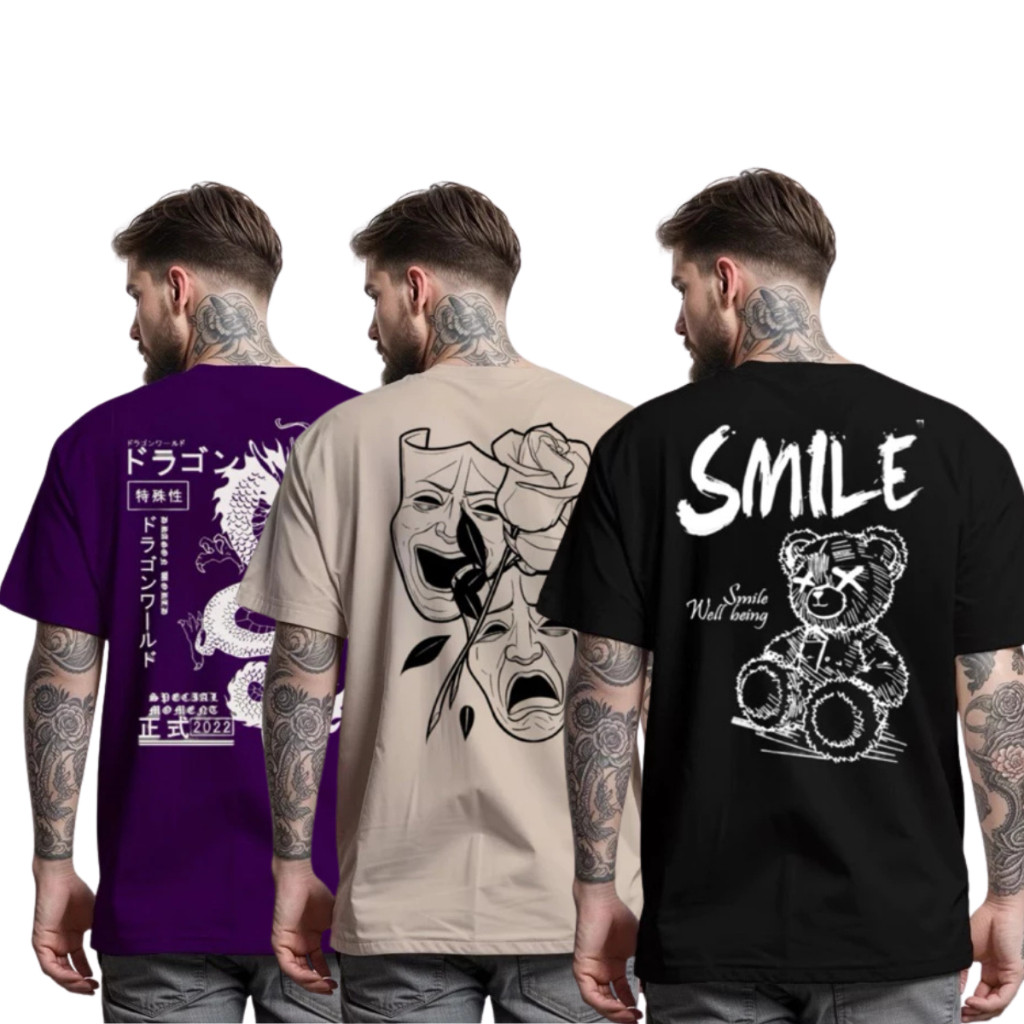 Kit 3 Camisetas Masculinas Estampada Streetwear Algodão Fio 30.1 (Disponível em Diversas Cores)