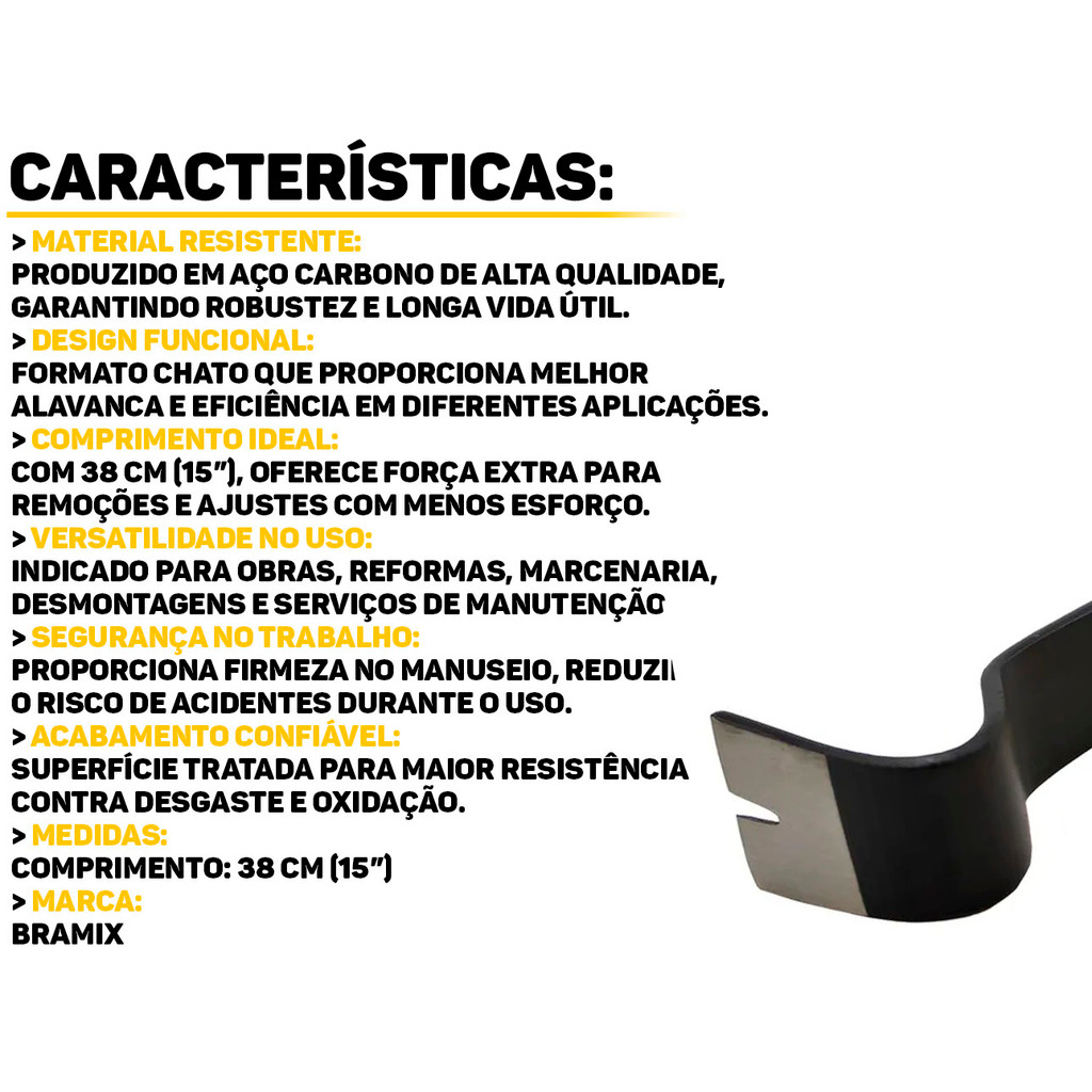 Detalhes do Pé De Cabra 38cm 15 Pol Ponta Chata E Curvada Aço Carbono Profissional Remove Pregos Abre Objetos Bramix