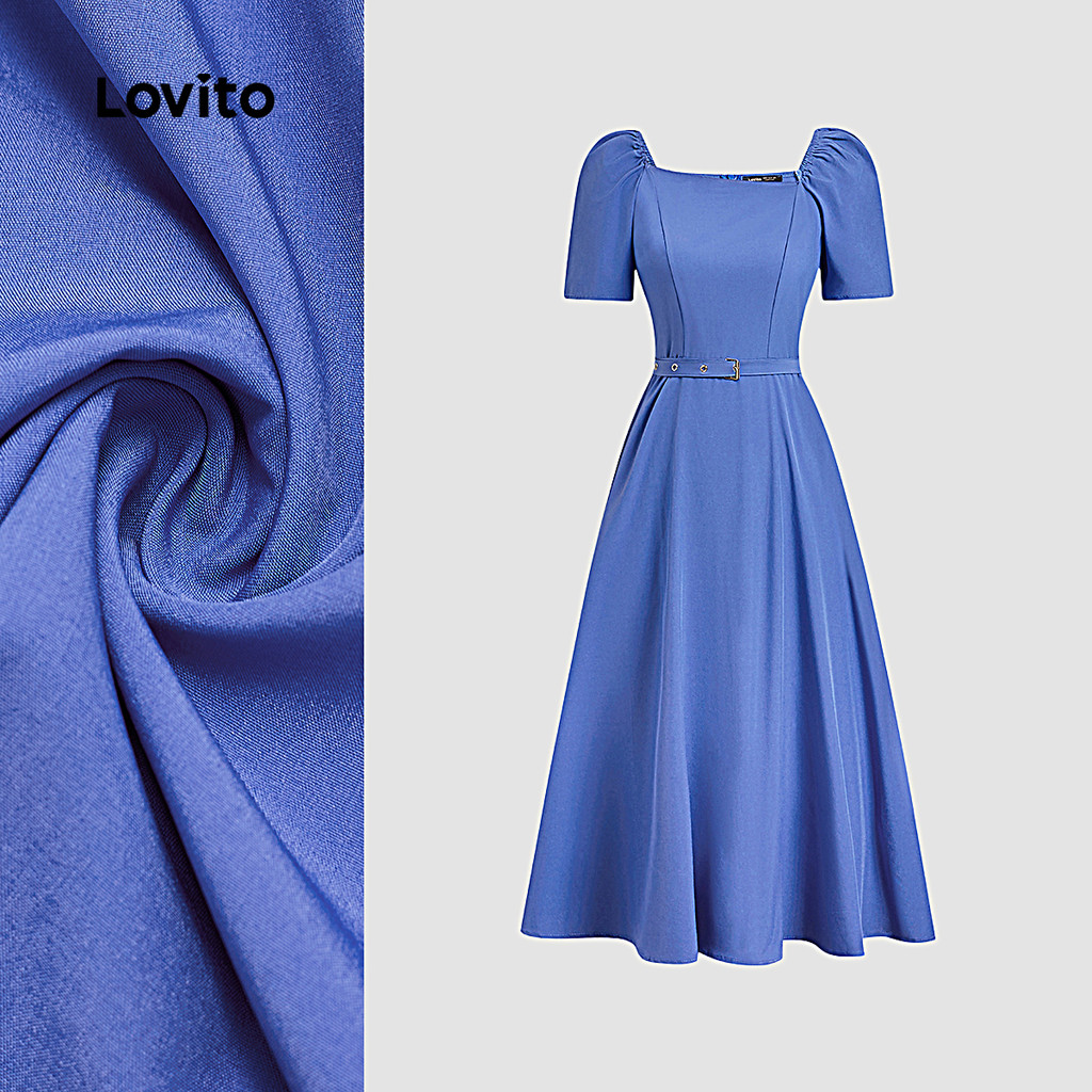(New) Lovito Vestido Elegante com Cinto para Primavera/verão Vestido Azul para mulheres L149ED298 em Oferta na Shopee