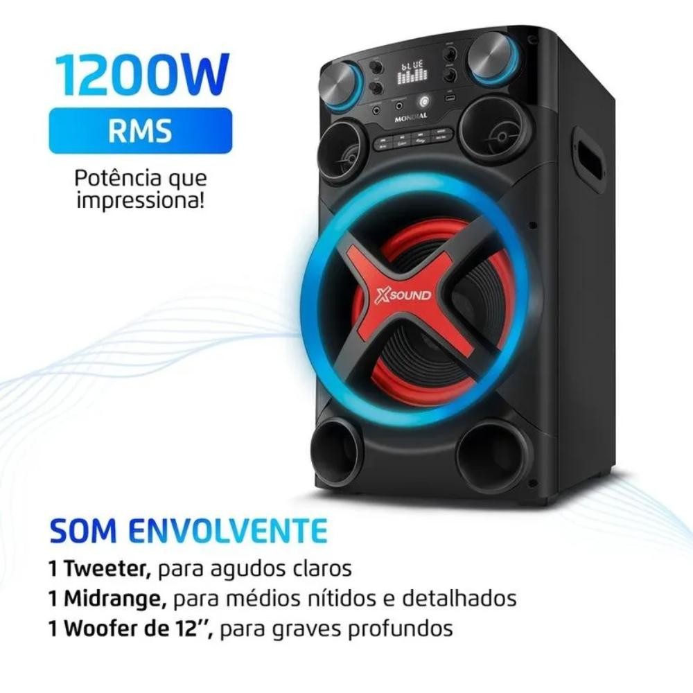 Imagem Caixa de Som Mondial Bluetooth 5.3 com Luzes e Entrada para Microfone 1200W RMS APP - TM-1200