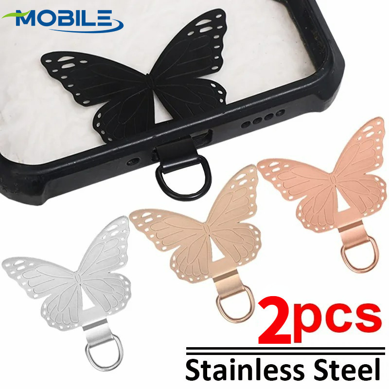 Remendo De Cordão De Telefone 2/1 Pcs-Junta De Aço Inoxidável-Cartão Em Formato De Borboleta-Peças De Alça De Celular Ul