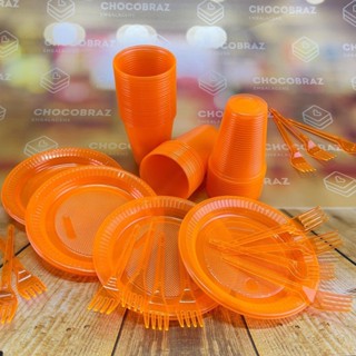 Kit Festa 50 PESSOAS DESCARTAVEIS LARANJA NEON GARFO + PRATO + COPO em Oferta na Shopee