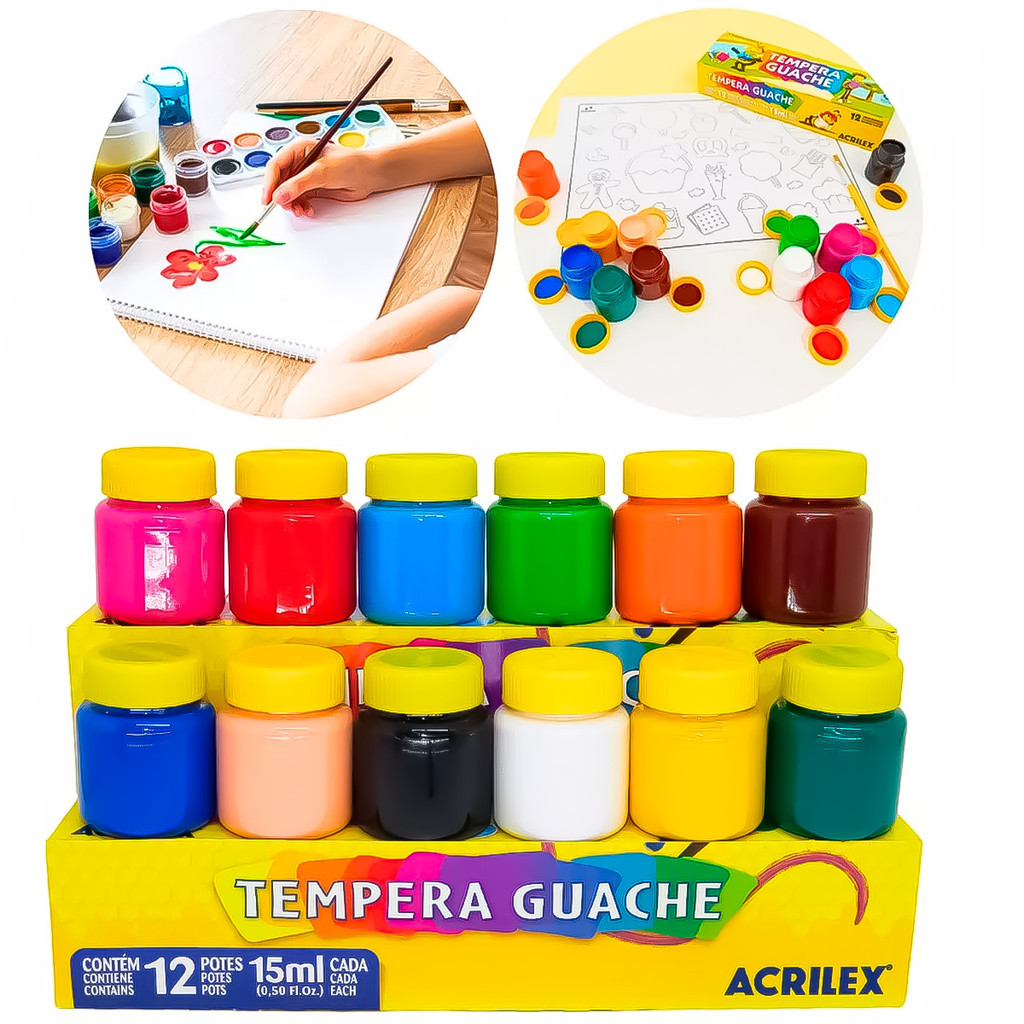 Tinta Guache Pintura 12 Cores 15ml Acrilex Escolar Trabalho Criança - Stationery