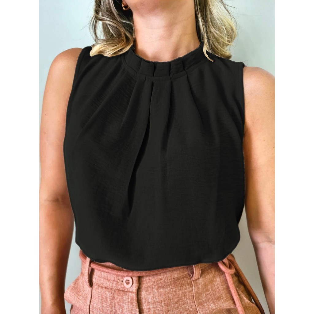 Regata Feminina Social Gola Alta Com Botão Na Costa Moda Super