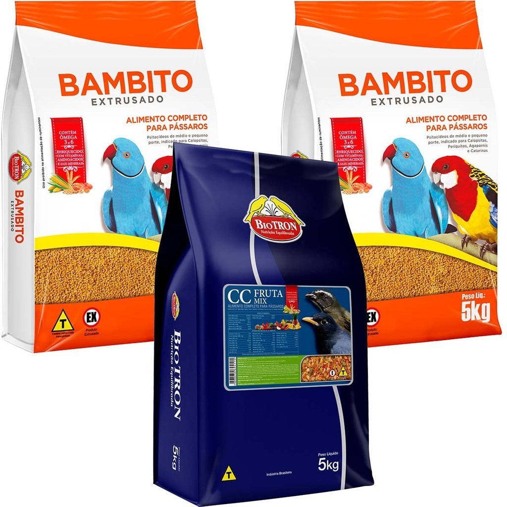 Kit Criador 2 Bambito Extrusado 5kg + 1 Cc Fruta Mix papa de Frutas - 5kg Biotron Comida Psitacídeos