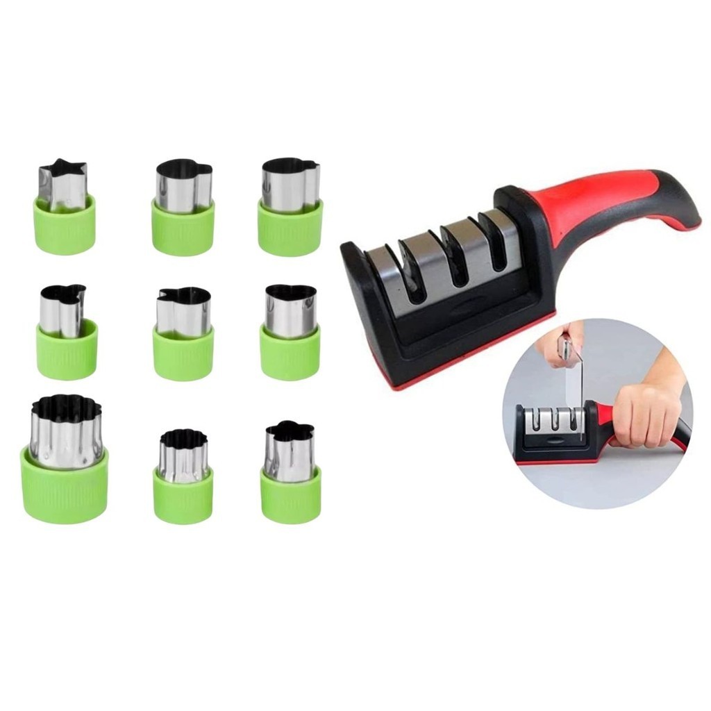 Kit Completo Achadinhos para Cozinha Criativa: Afiador de Facas Profissional + Cortador de Frutas e Vegetais (9 Peças)