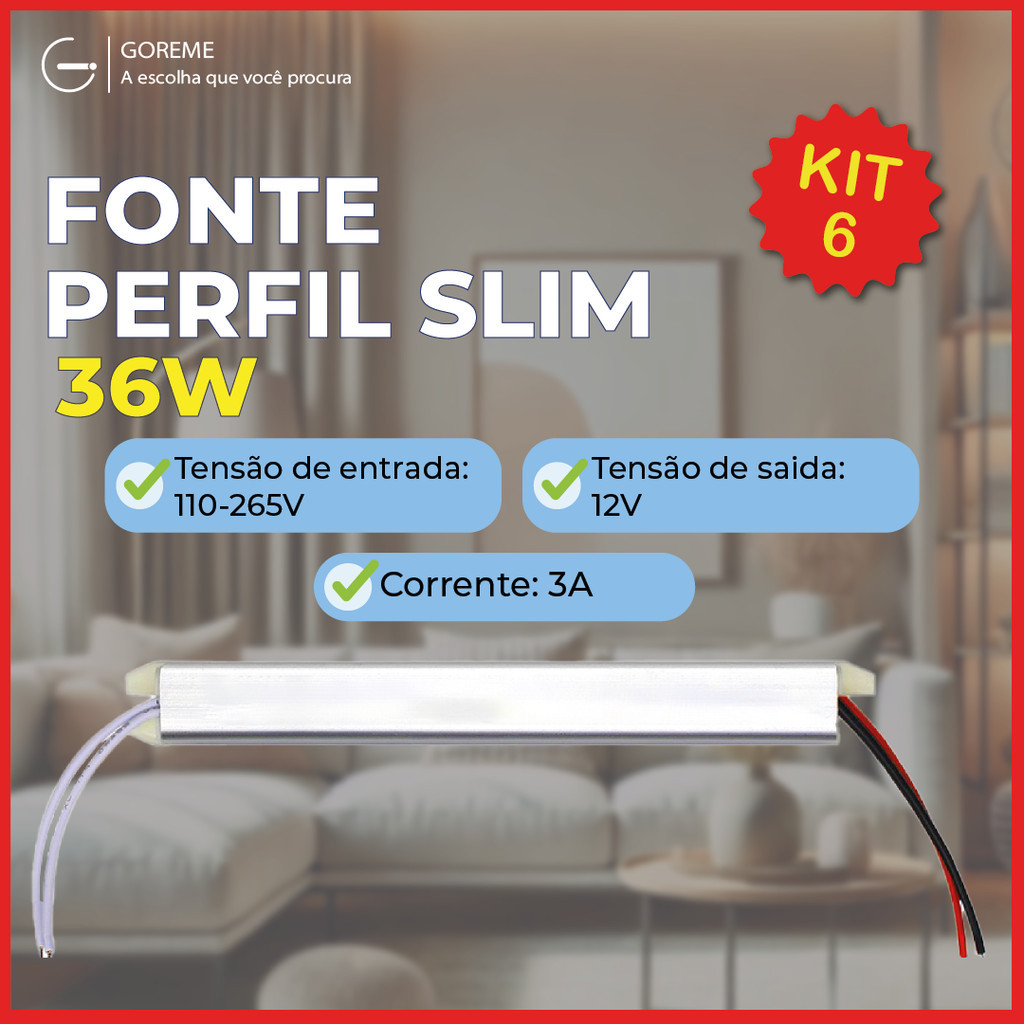 Kit 6 Fonte Slim Driver Chaveada 36W modelo fonte fina 12V~3A Bivolt 110V-265V em Oferta na Shopee