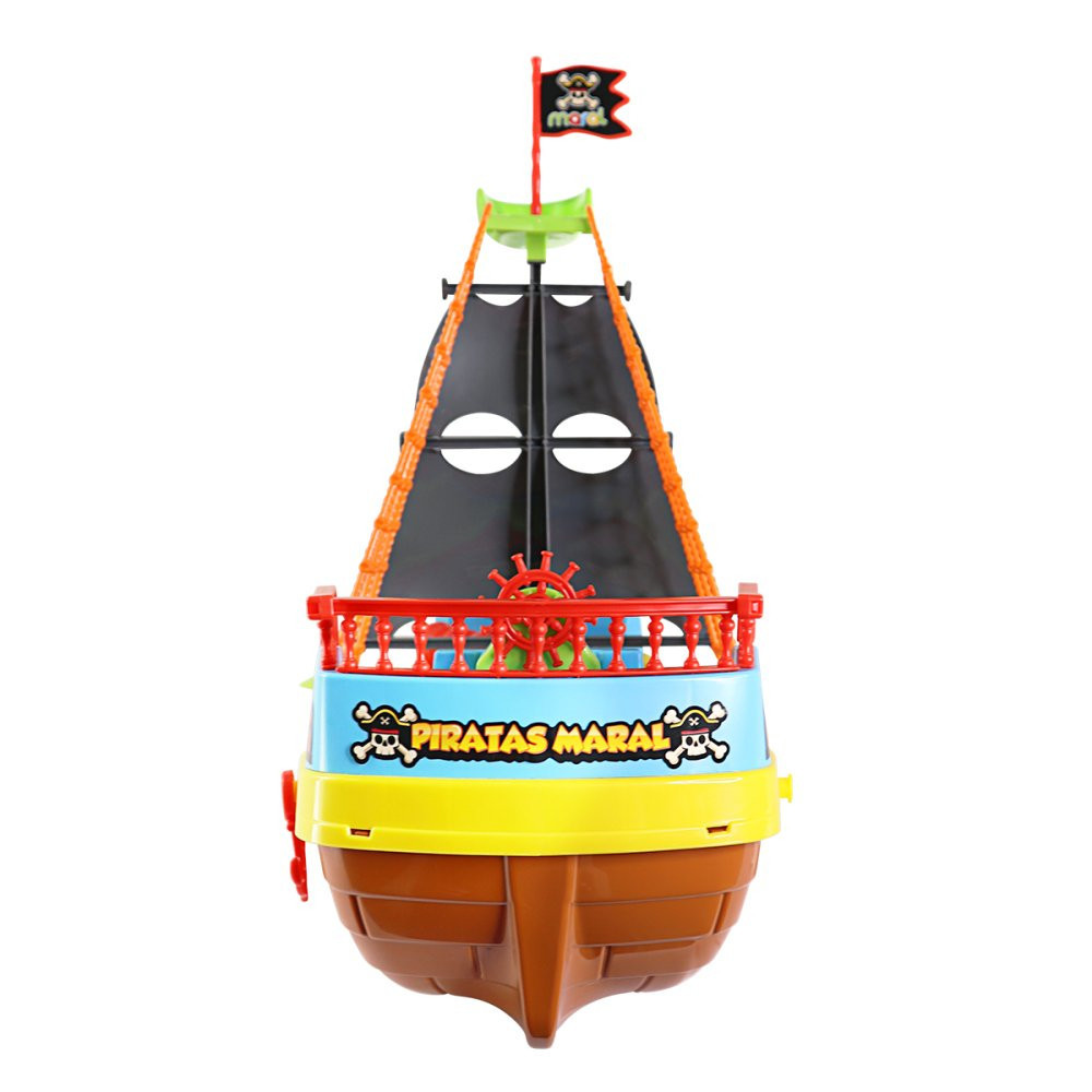 Barco Pirata Com Rodinha Infantil: piratas articulados, canhão, âncora, calabouço, prancha, escada
