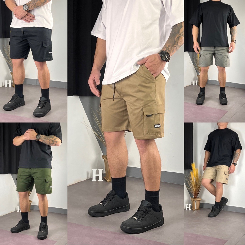 Bermuda Cargo Curta Streetwear Casual Short Sarja Slim Bolsos Laterais