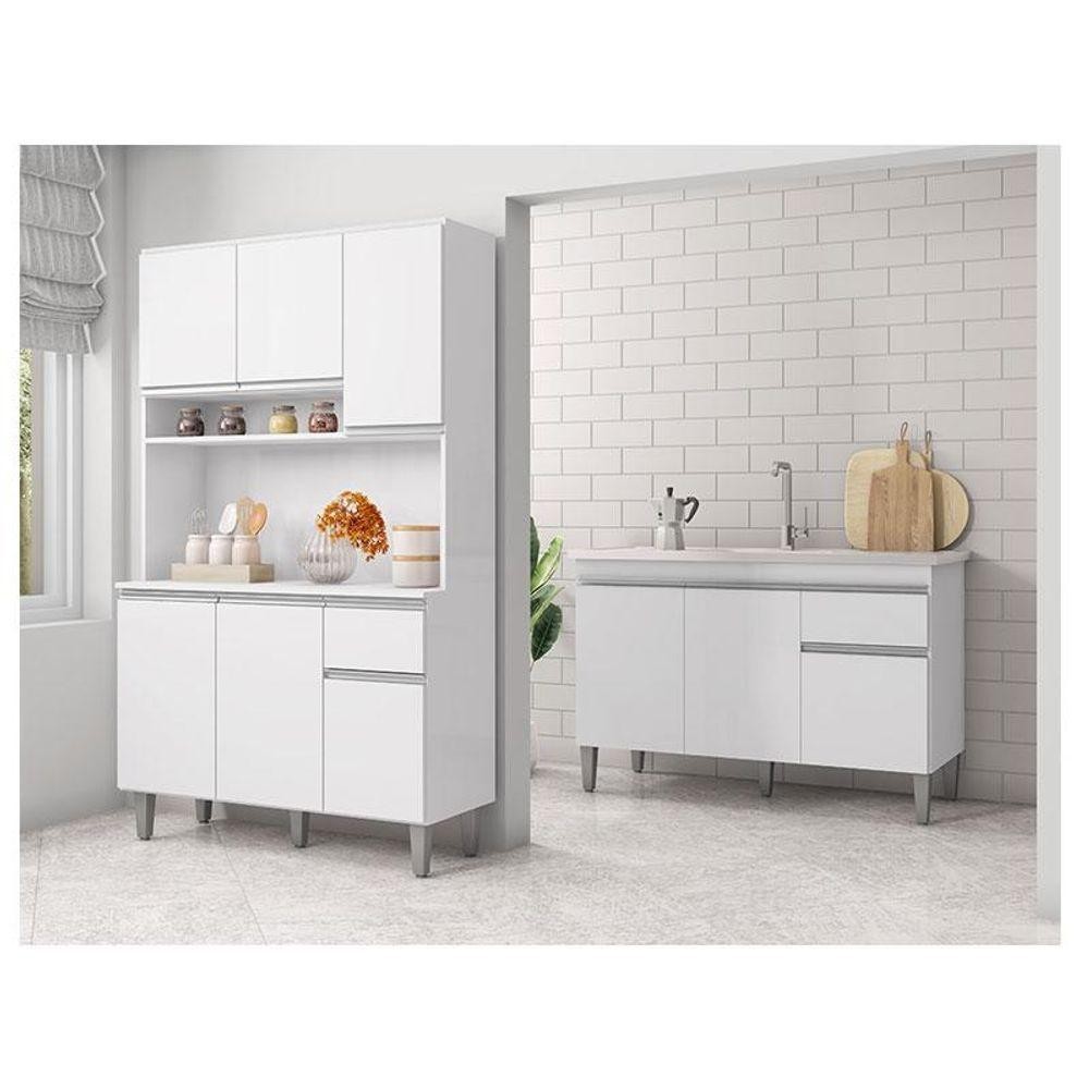 Balcão De Pia Tatiane 120 Cm E Armário Cozinha Kit Márcia Ambiente Branco Brilho - Ajl em Oferta na Shopee