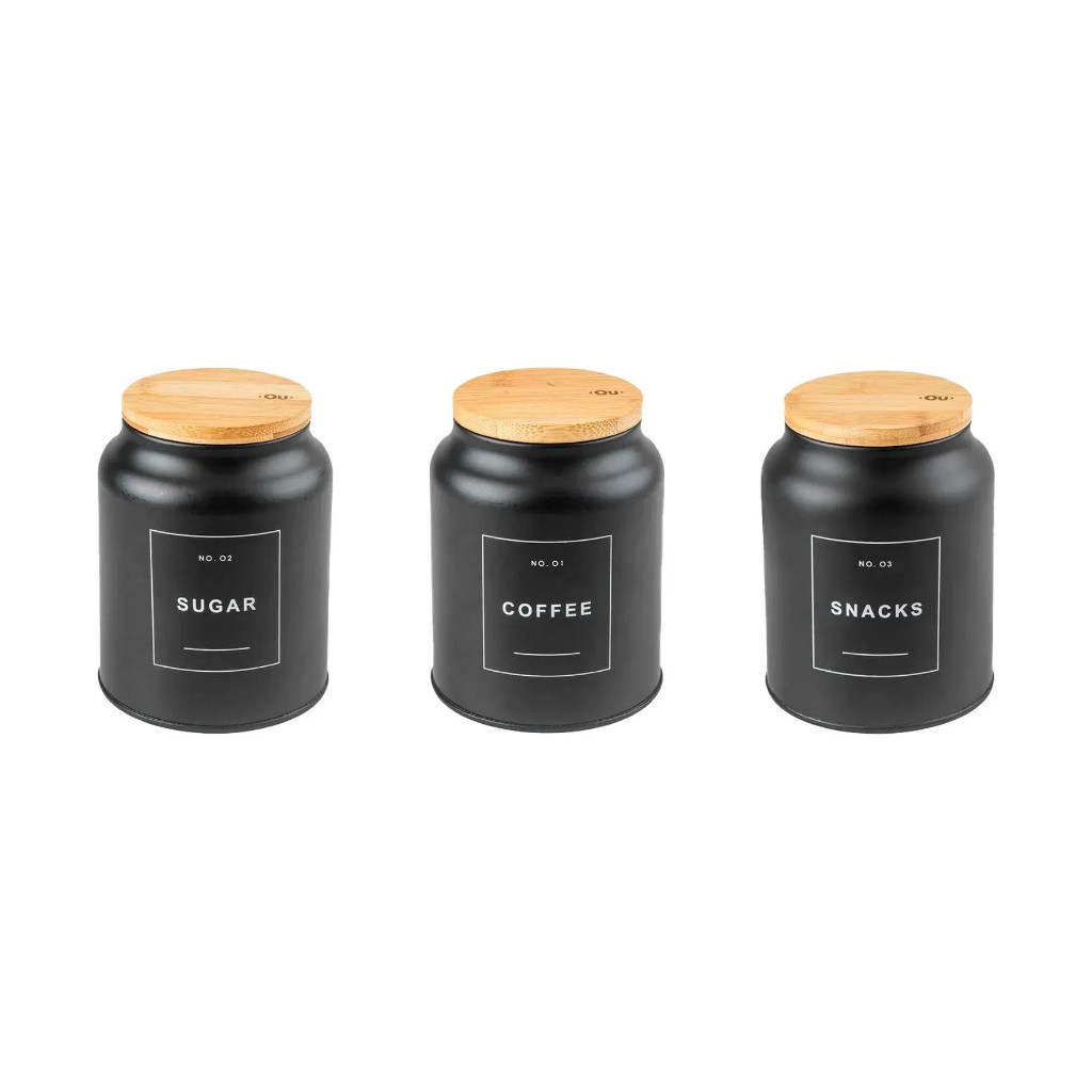 Kit com 3 Potes Coffee Snacks Sugar Sense Preto Metal com Tampa Bambu OU
