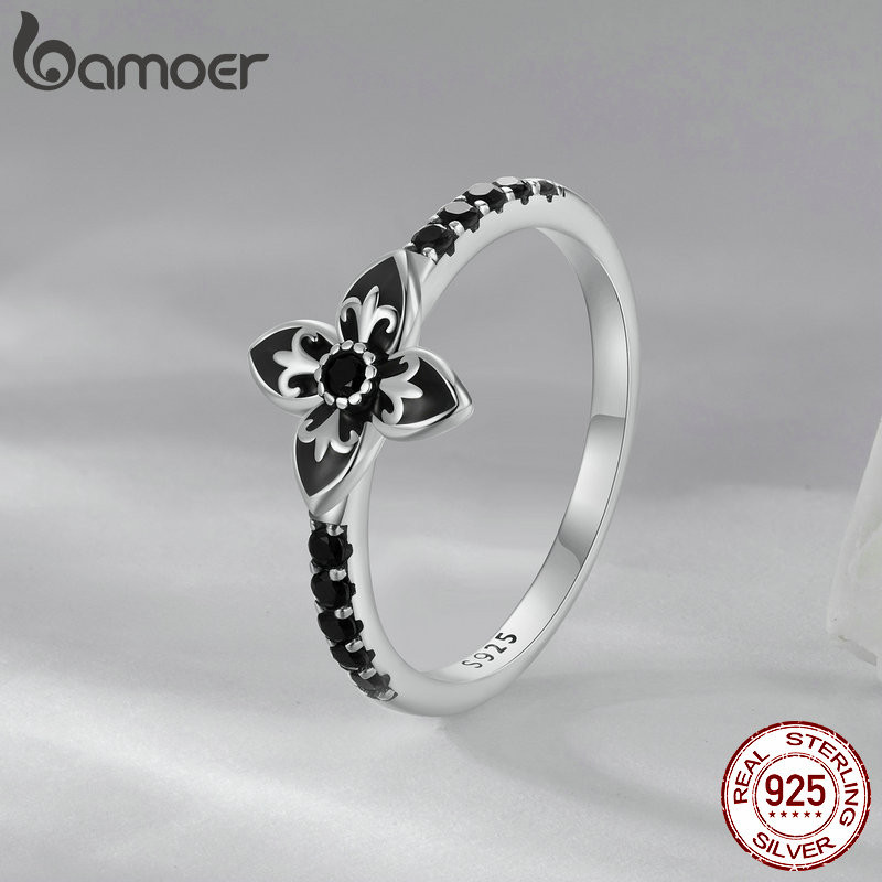 Bamoer 925 Sterling Sliver Ring Flower Jóias De Moda Preta Para Mulheres em Oferta na Shopee