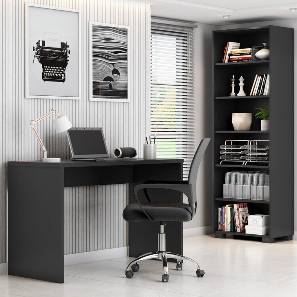 Kit 3 Peças com Cadeira para Escritório, Estante Livreiro e Escrivaninha Gávea Preto - Home & Living