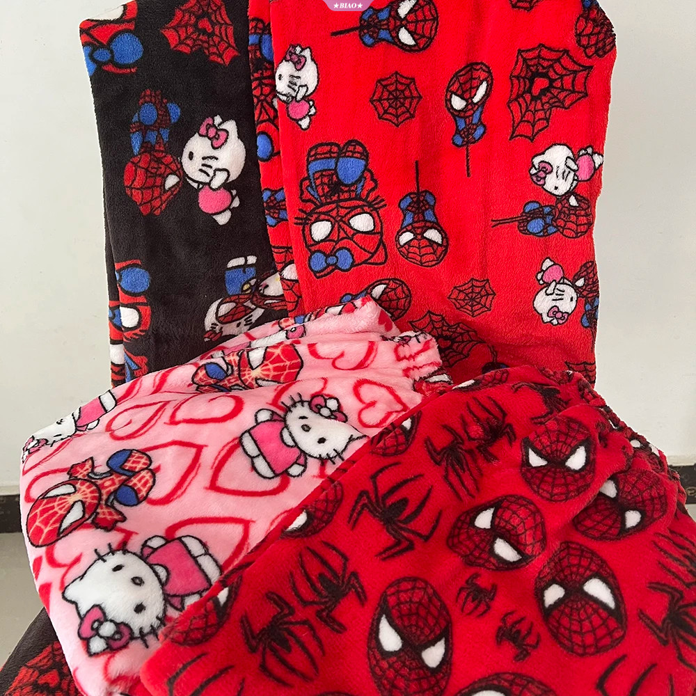 2024 Nova Calça Homem Aranha Adormecida Anime Hello Kitty Pijama Flanela Casual Macia Cart...