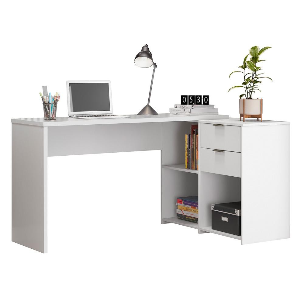 Mesa de Escritório Escrivaninha Com Tampo Giratório Para Computador Home Office 2 Gavetas Branca