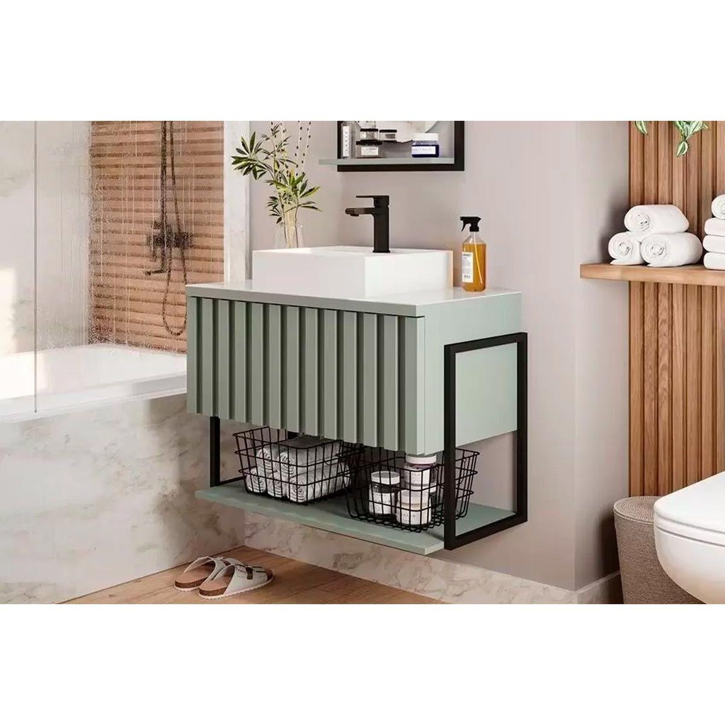 Conjunto de Banheiro Suspenso Frisê Havaí Ripado 1Pta Basculante c/Cuba e Tampo Vidro 80 cm cor Pistache - MGM - Home & Living