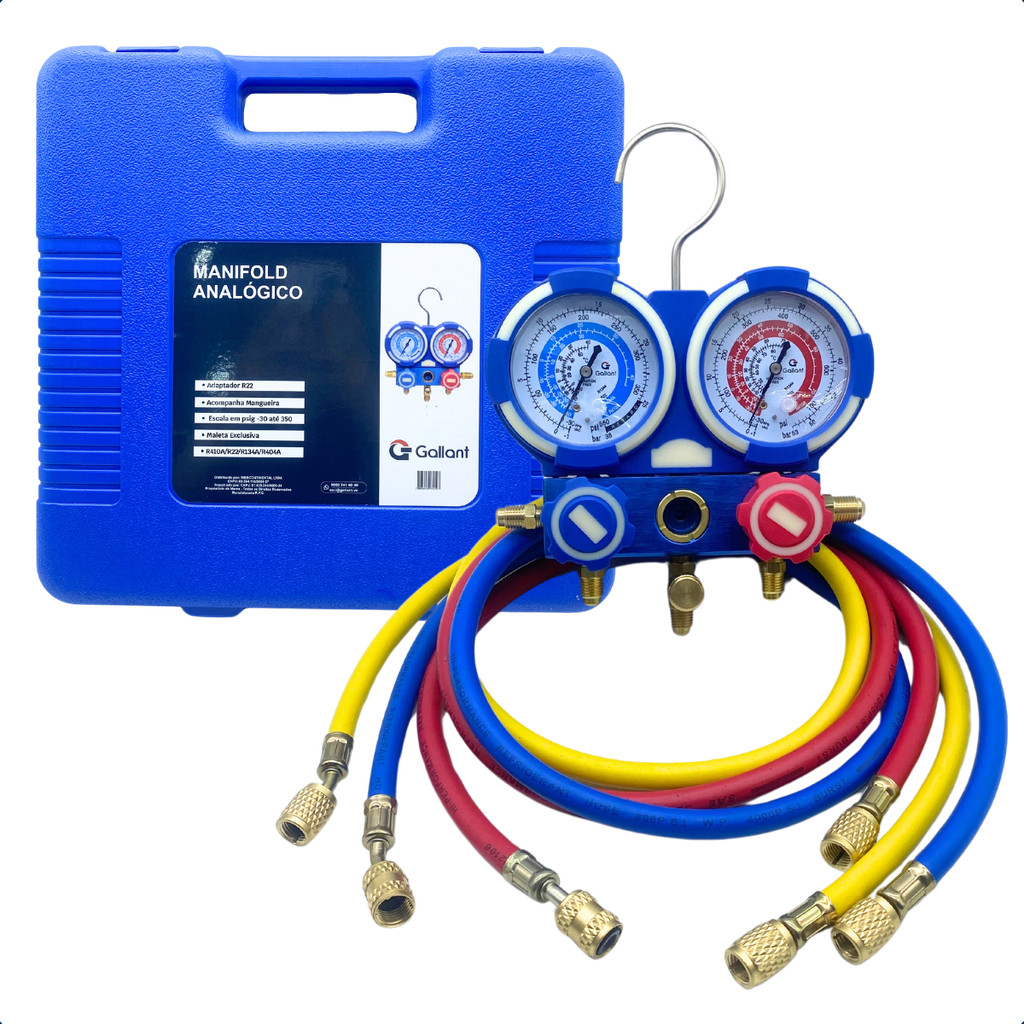 KIT MANIFOLD MANOMETRO ANALOGICO GALLANT R410A R22 R134A R 404A MANGUEIRA 48 ADAPTADOR GLT2R32