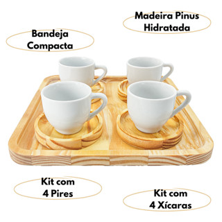Kit 9 Peças Bandeja Pires Madeira 4 Xícaras em Porcelana Branca Para Servir