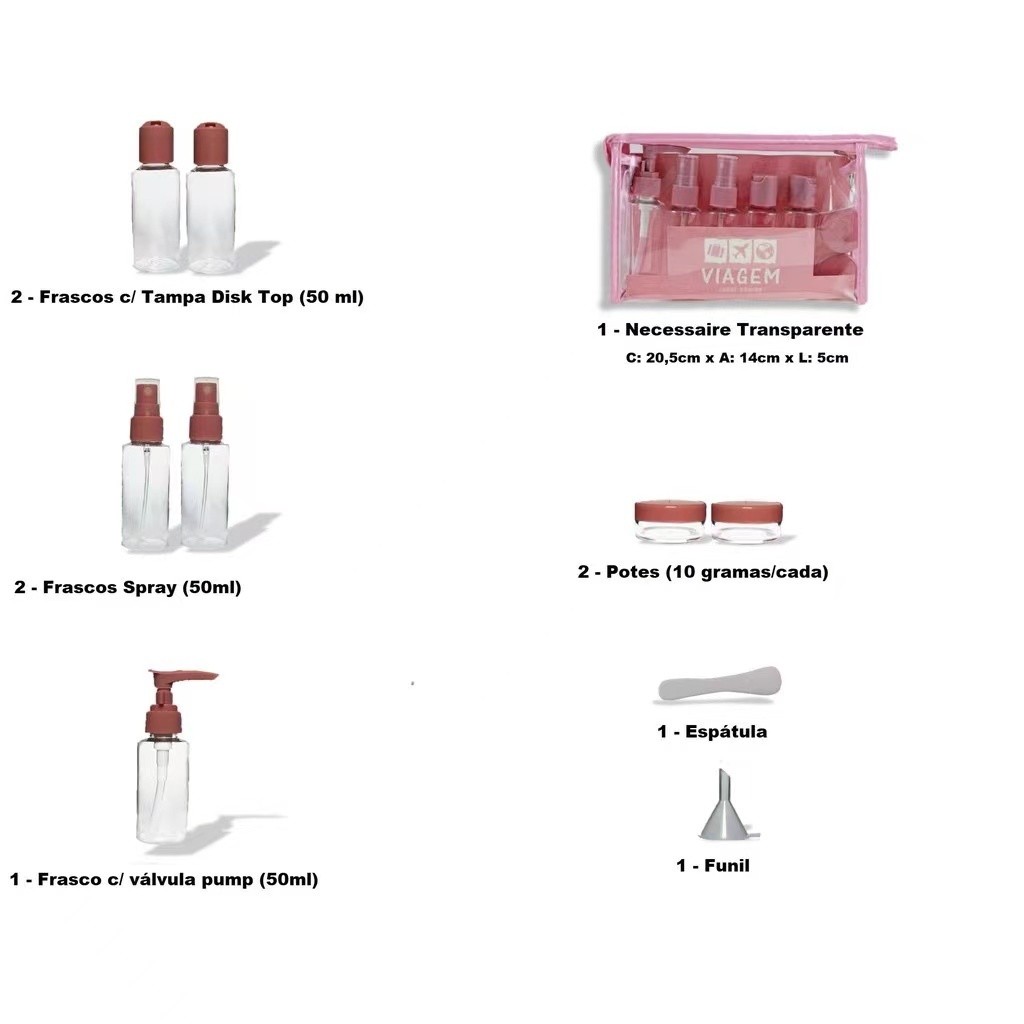 Kit 10 Frascos De viagem Shampoo/Creme/Sabonete liquido Multiuso