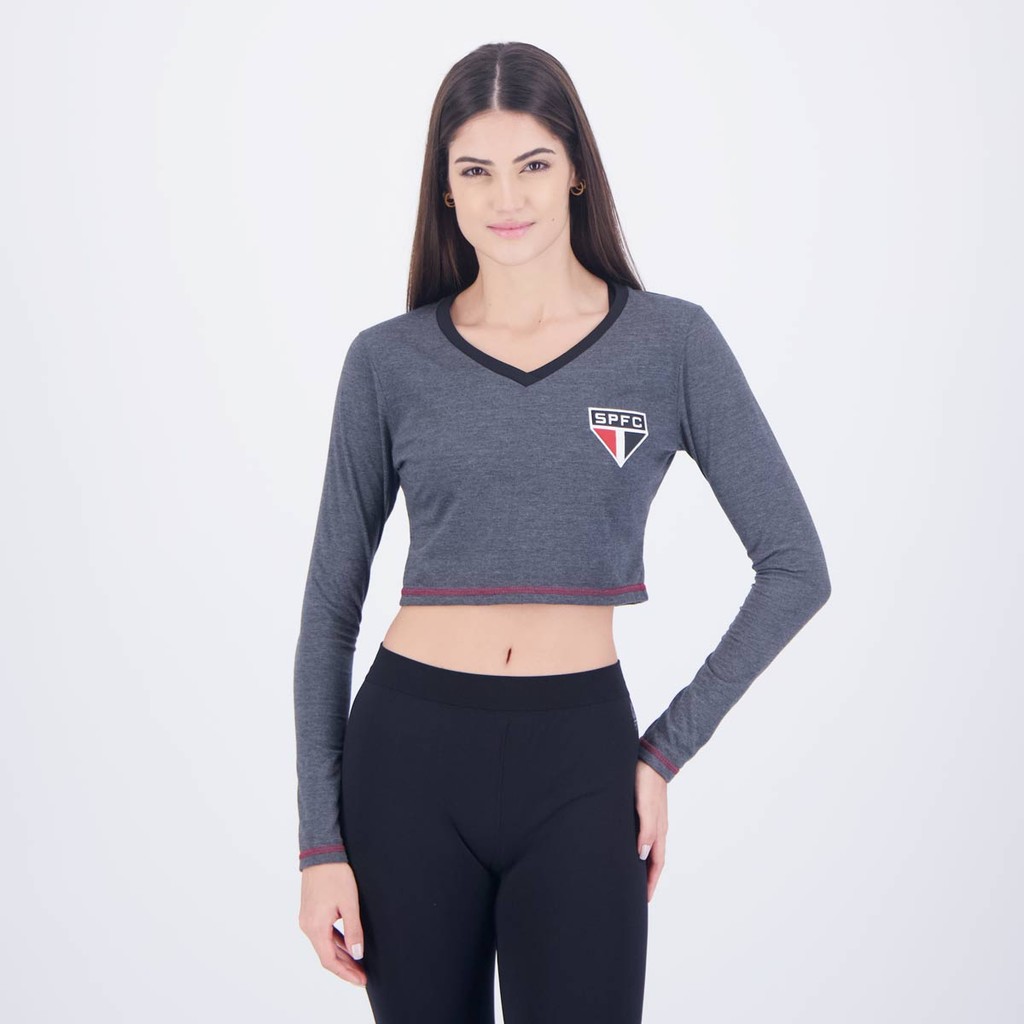 Cropped Manga Longa São Paulo Pond Feminino Cinza Escuro