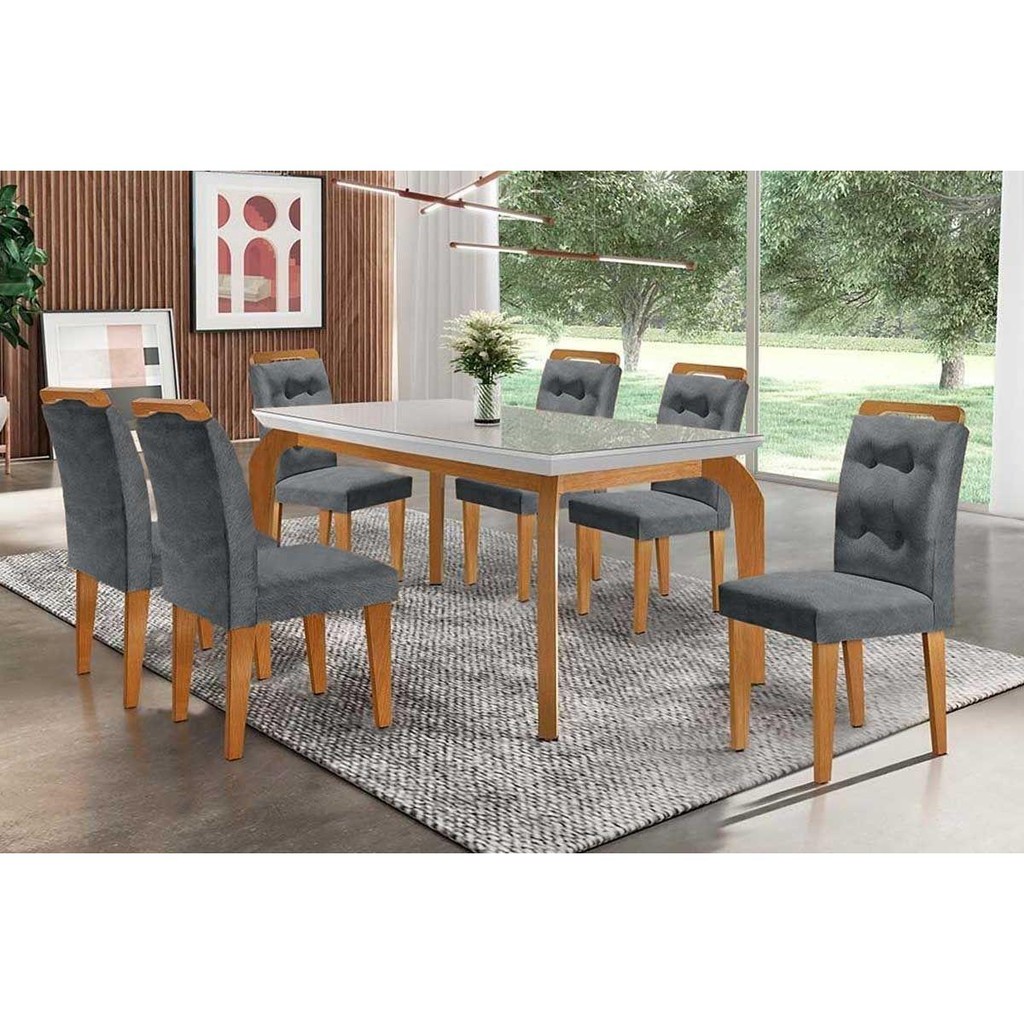 Sala de Jantar Completa Londrina c/ Tampo Madeirado Vidro Canto Curvo 180x90cm e 6 cadeiras Imperatriz Imbuia/Off White - Veludo Grafite - Rufato em Oferta na Shopee