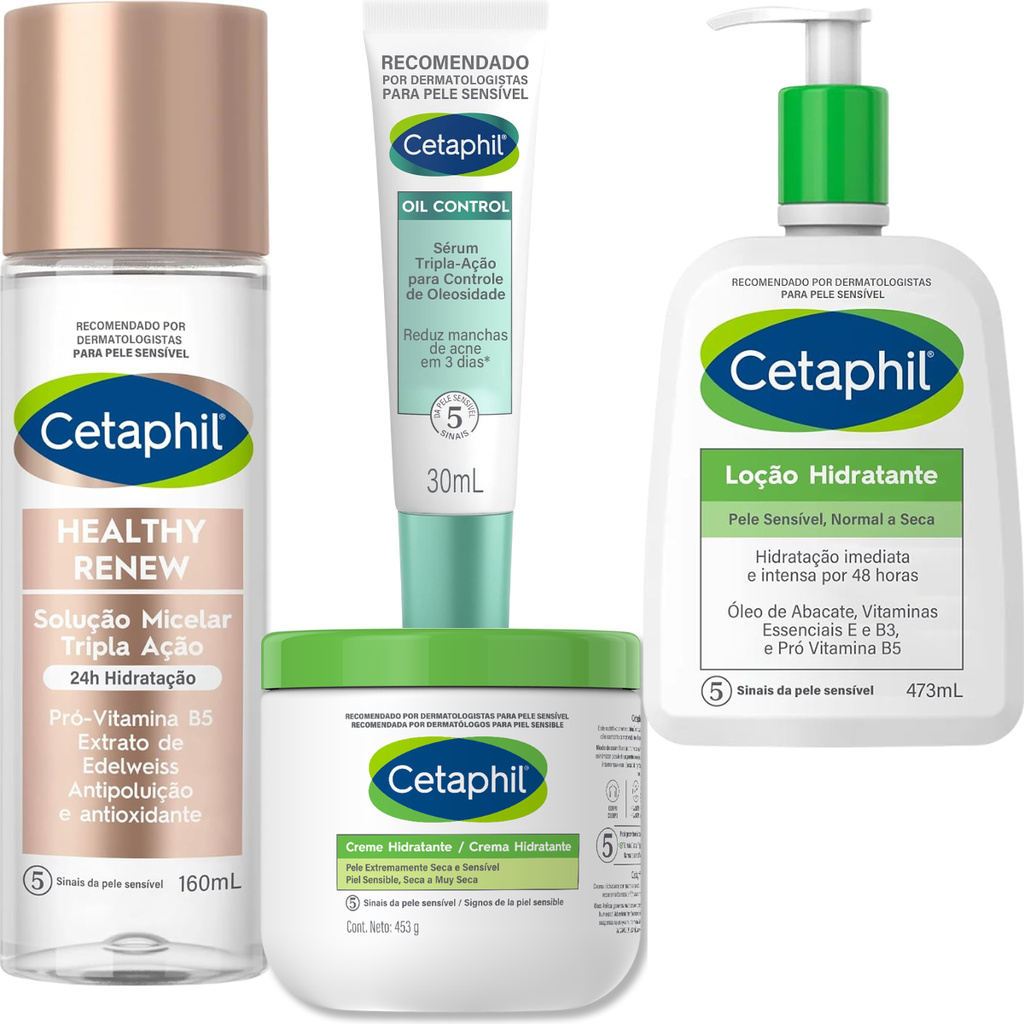 Kit Cetaphil Loção Creme Controle Oleosidade Solução Micelar Corpo Rosto Antissinais Limpeza Facial
