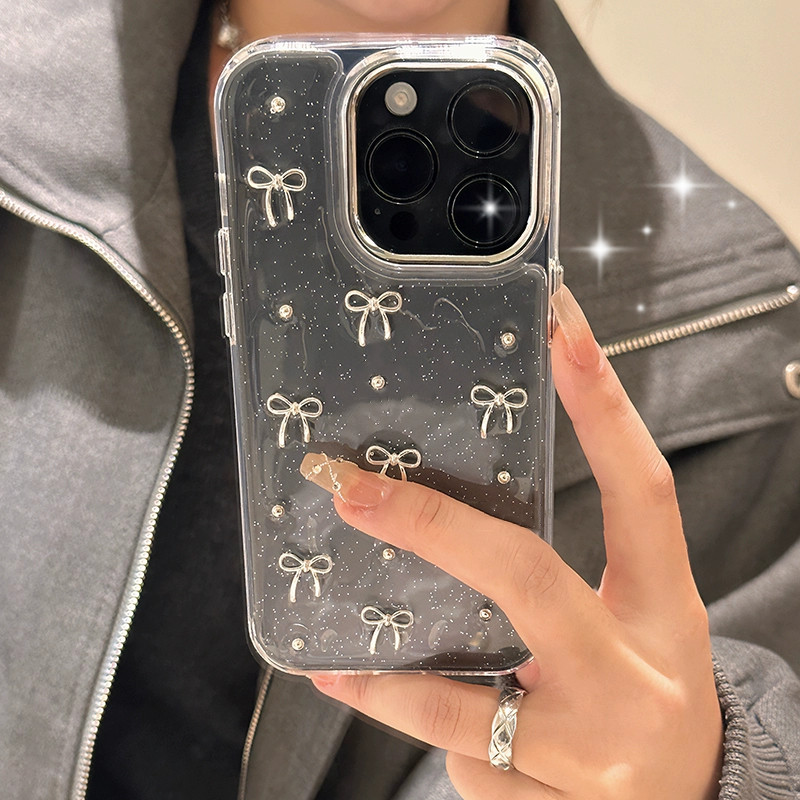 INS Fashion Glitter 3D Silver Bow Beads Capa De Telefone Para iPhone 16 15 14 13 12 11 Pro Max 7 8 Plus XR X XS Epoxy Shell Girl Traseira Transparente