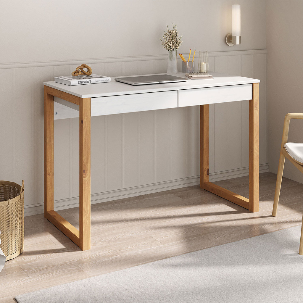 Mesa Escritório Branco Madeirado Retro 2 Gavetas 1 Nicho Noah em Oferta na Shopee